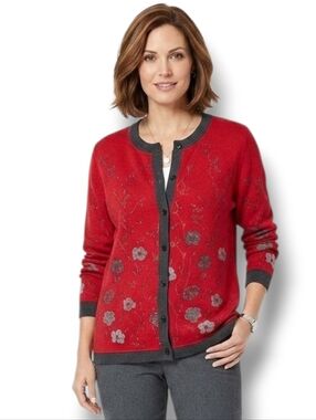 Cathy Daniels Women’s Red Floral Metallic Button-Front Cardigan Sweater – Large